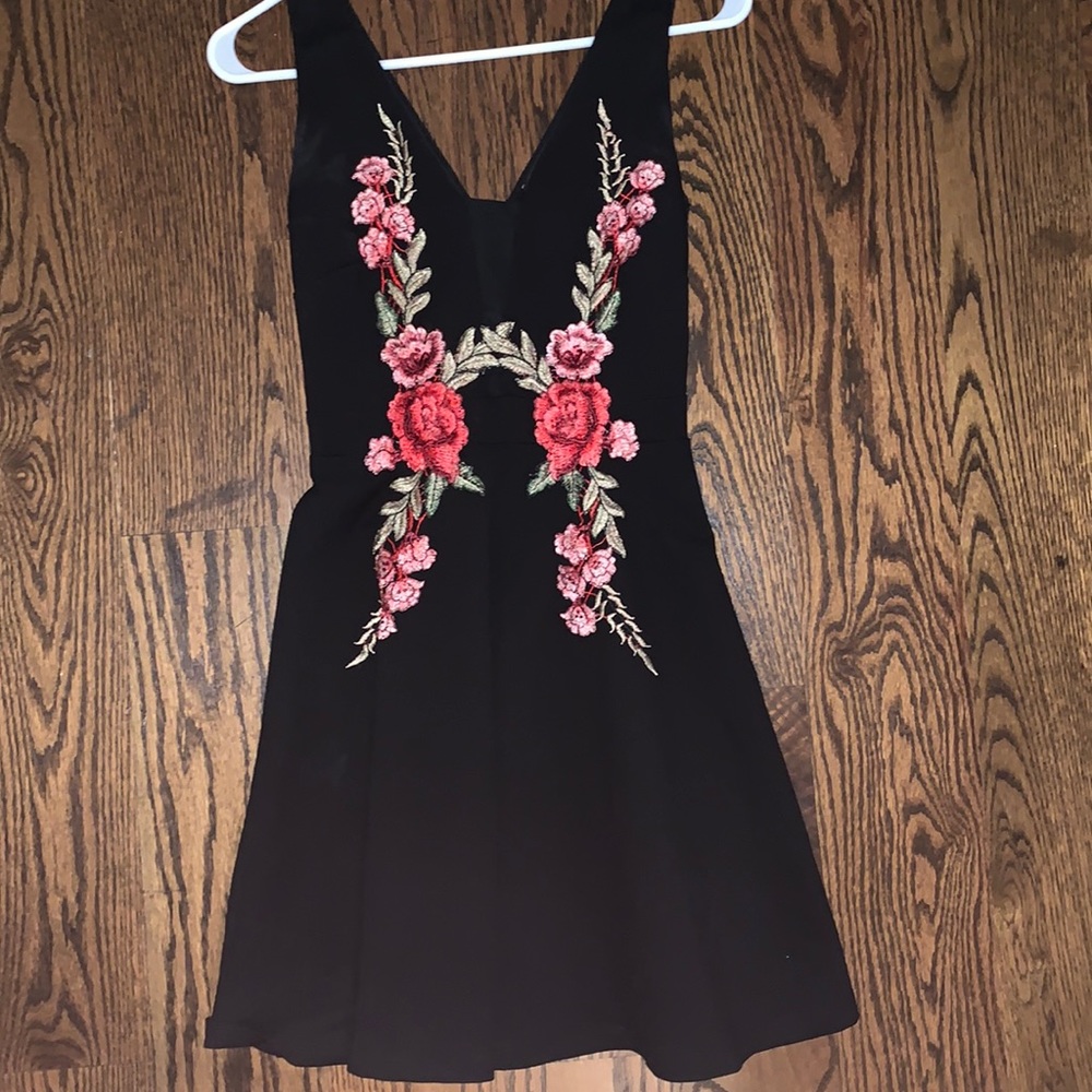 Embroidered black mini dress